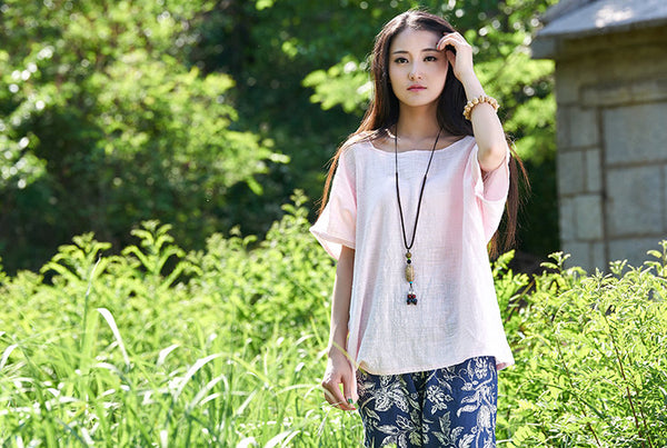 Original Simple Loose Women cotton and linen Half-sleeved Round Neck T-shirt