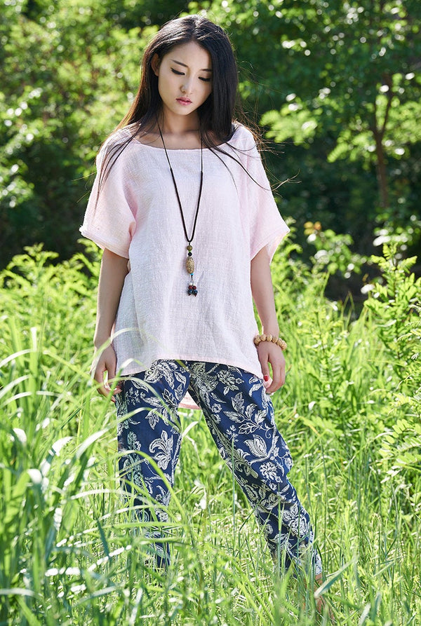 Original Simple Loose Women cotton and linen Half-sleeved Round Neck T-shirt