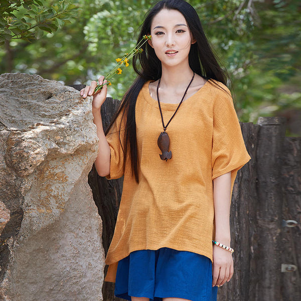 Original Retro Women Cotton and Linen Short Sleeve T-shirt