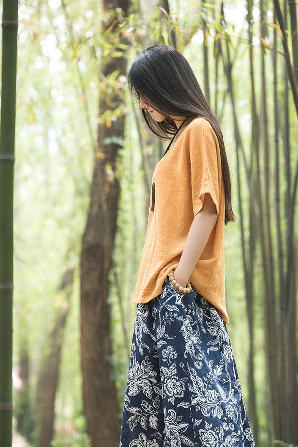 Original Retro Women Cotton and Linen Short Sleeve T-shirt