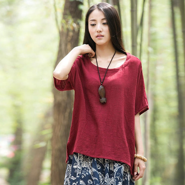 Original Retro Women Cotton and Linen Short Sleeve T-shirt