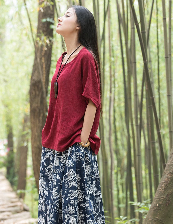 Original Retro Women Cotton and Linen Short Sleeve T-shirt