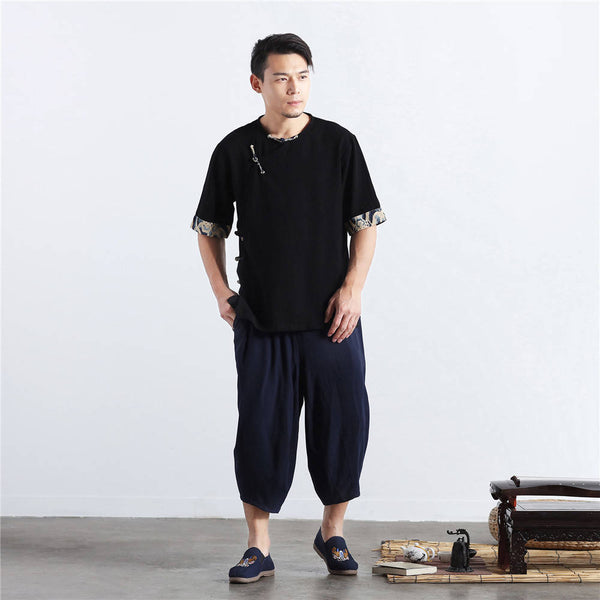Men Chinese Folk Style Short Sleeve Linen and Cotton T-shirts Tops