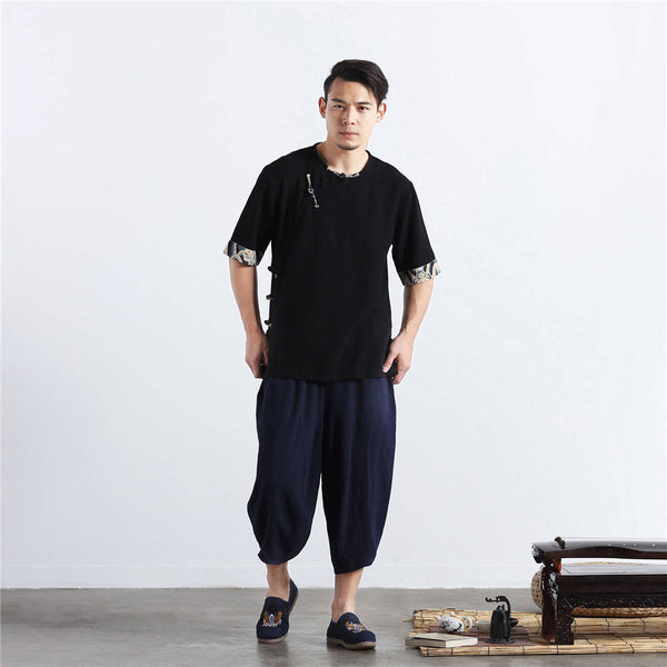 Men Chinese Folk Style Short Sleeve Linen and Cotton T-shirts Tops