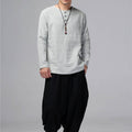 Men Chinese Folk Style Long Sleeve Linen and Cotton T-shirt Top