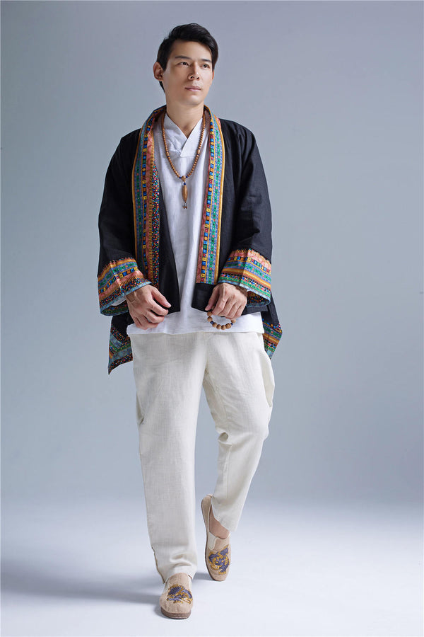 Men Retro Chinese Folk Style Linen and Cotton Poncho