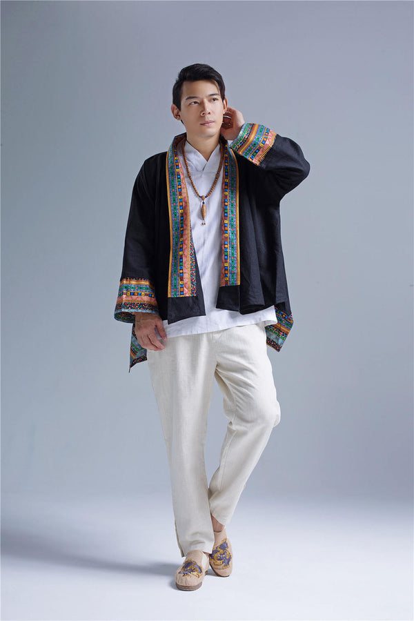 Men Retro Chinese Folk Style Linen and Cotton Poncho