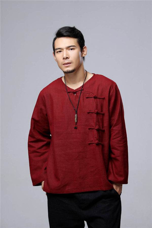 Men Chinese Style Retro Round Neck Linen and Cotton T-shirt Top