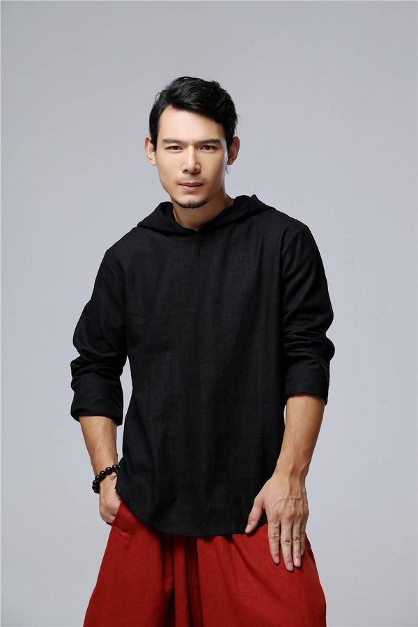 Men Simple Casual Style Pullover Linen and Cotton Sweatshirt Hoodies