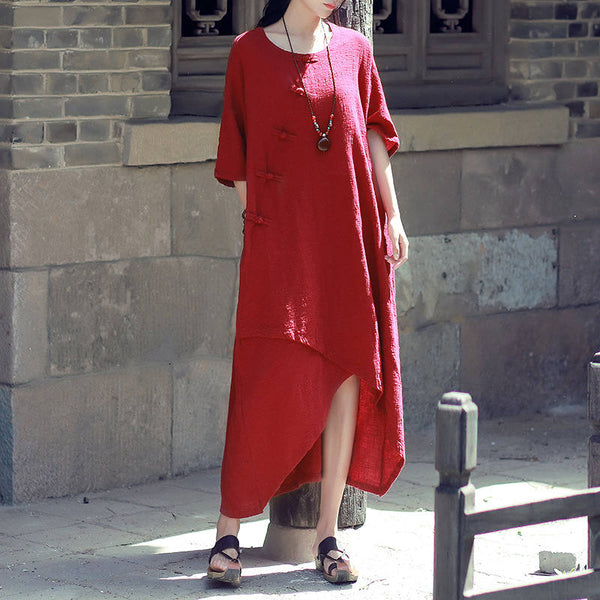 Women Retro Buckle Short-sleeved Linen and Cotton Dress