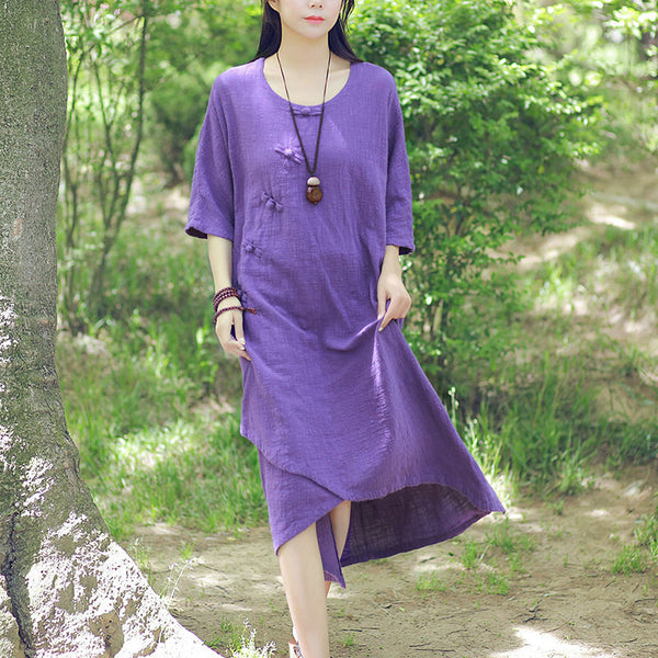Women Retro Buckle Short-sleeved Linen and Cotton Dress
