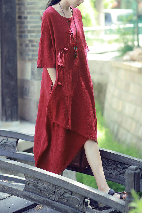 Women Retro Buckle Short-sleeved Linen and Cotton Dress