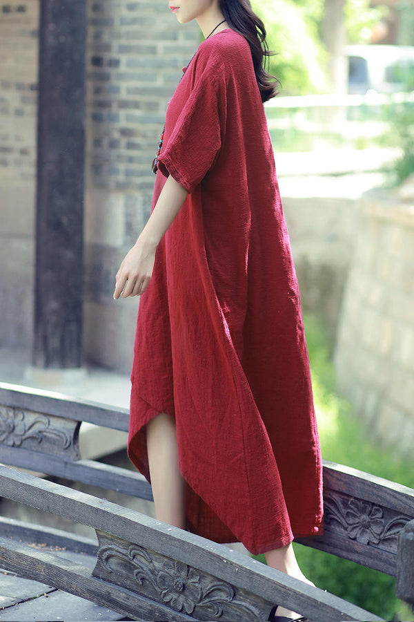 Women Retro Buckle Short-sleeved Linen and Cotton Dress