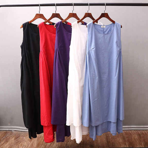 Women Loose Large Size Cotton and Linen Sleeveless dress