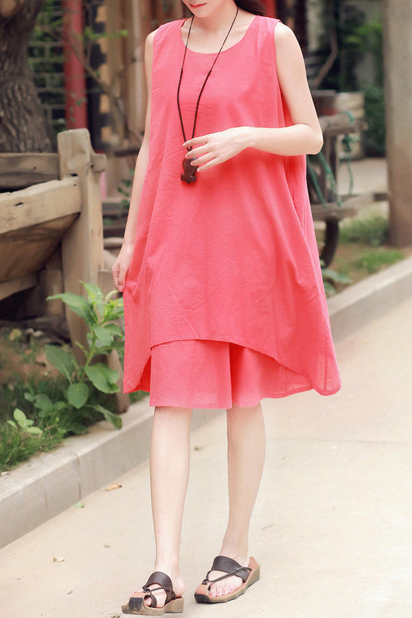 Women Simple Pure Color Thin Light Knee Length Linen and Cotton Sleeveless Dress