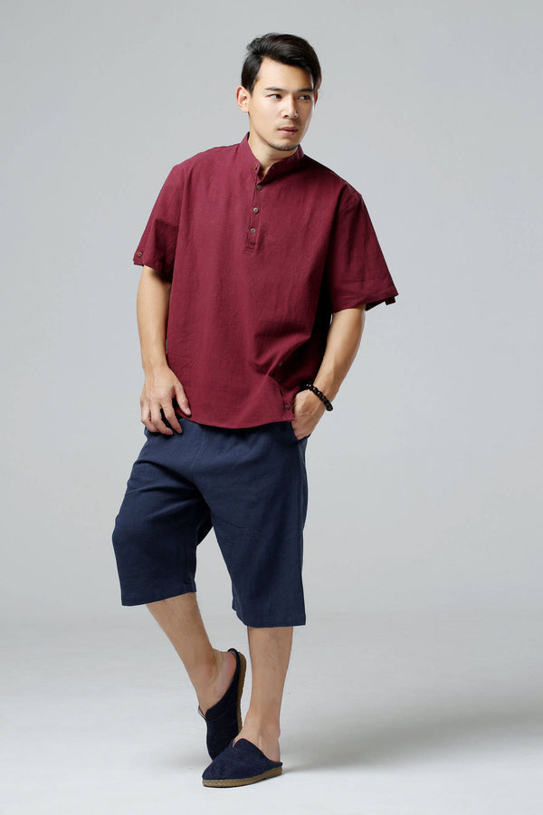 Men Causal Short Sleeved Linen and Cotton T-shirt Top