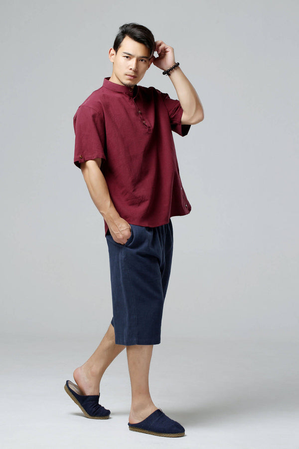 Men Causal Short Sleeved Linen and Cotton T-shirt Top