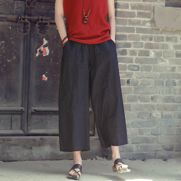 Women Leisure Pure Color Wide Leg Linen and Cotton Pants