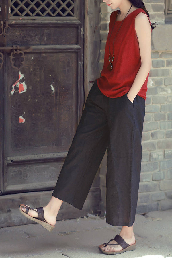 Women Leisure Pure Color Wide Leg Linen and Cotton Pants