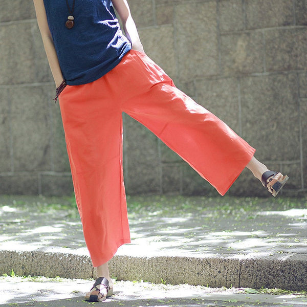 Women Leisure Pure Color Wide Leg Linen and Cotton Pants