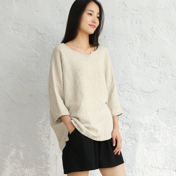 Women Loose cotton and linen V collar wild flax T-shirt