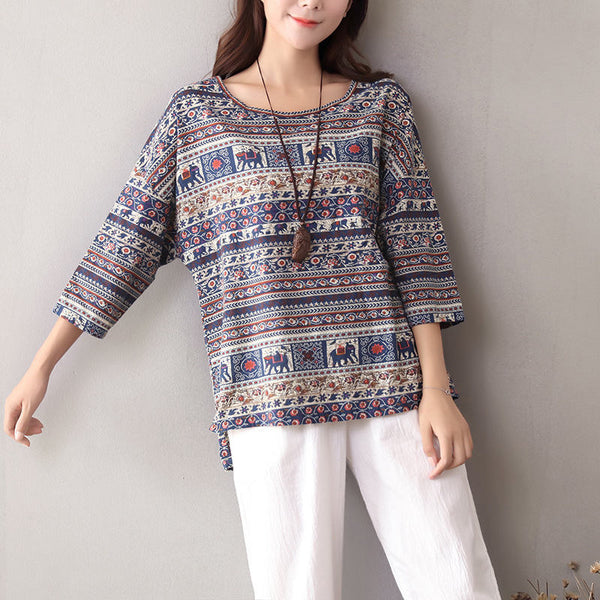 Women cotton and linen t-shirt loose large size women patterned T-shirt