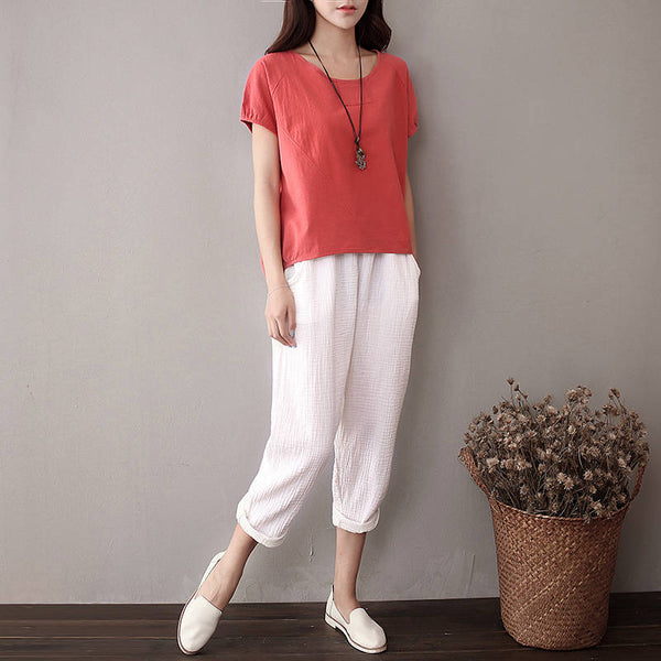 Simple Short Sleeved Women Cotton and Linen T-shirt