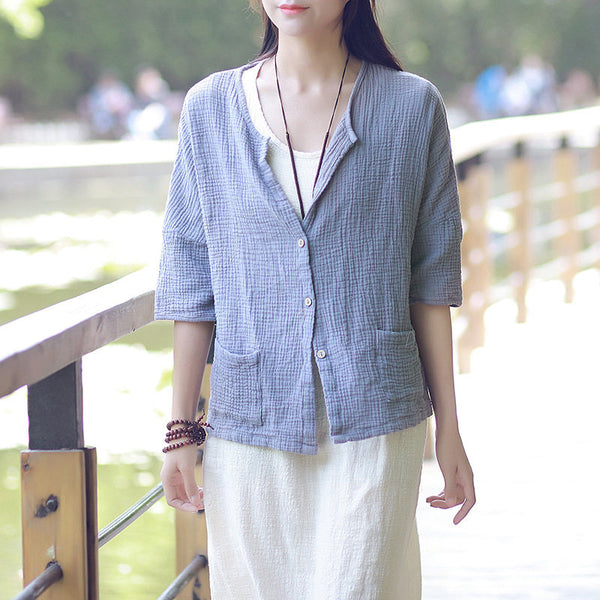 Pure Color Loose Women Cotton and Linen Cardigan Shirt