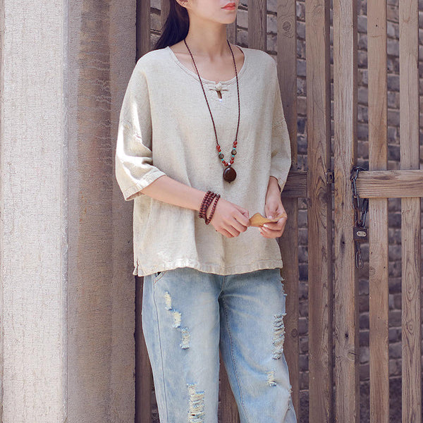 Retro Loose Flax Middle Sleeved Women Linen and Cotton T-shirt