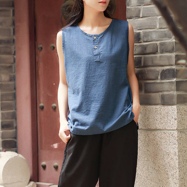 Casual Loose Women Cotton and Linen Sleeveless Blouses