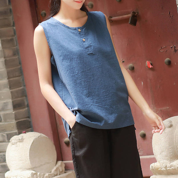 Casual Loose Women Cotton and Linen Sleeveless Blouses