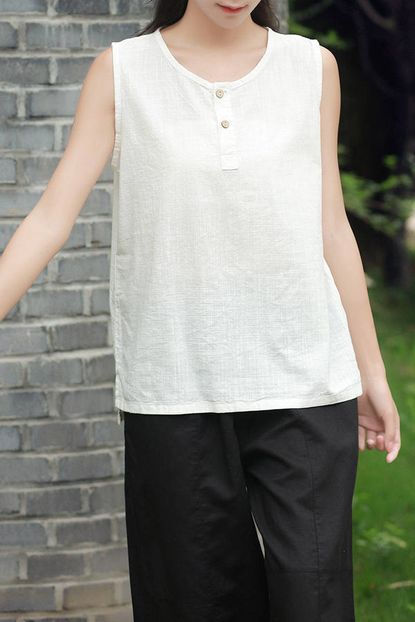 Casual Loose Women Cotton and Linen Sleeveless Blouses