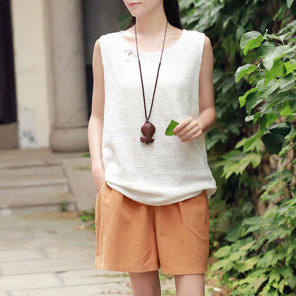 Women cotton and linen t-shirt – Pure Color Retro Buckle Loose Collar sleeveless blouses