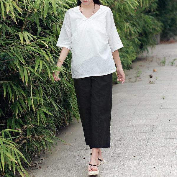 Retro Asian Boleros Type V Collar Clasp Lace Women  Cotton and Linen Shirt