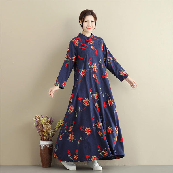 Women Linen and Cotton Chinese Style Retro Embroidered Stand Collar Buckle Ankle Length Dress