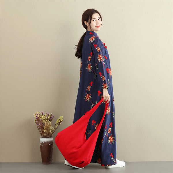 Women Linen and Cotton Chinese Style Retro Embroidered Stand Collar Buckle Ankle Length Dress