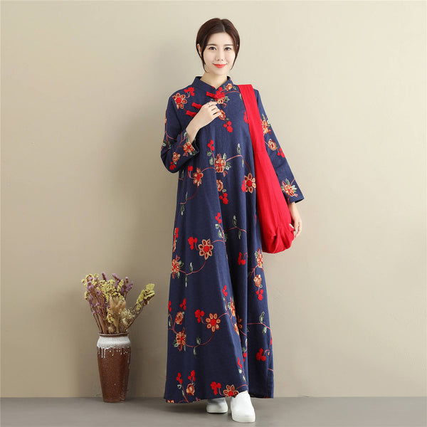 Women Linen and Cotton Chinese Style Retro Embroidered Stand Collar Buckle Ankle Length Dress