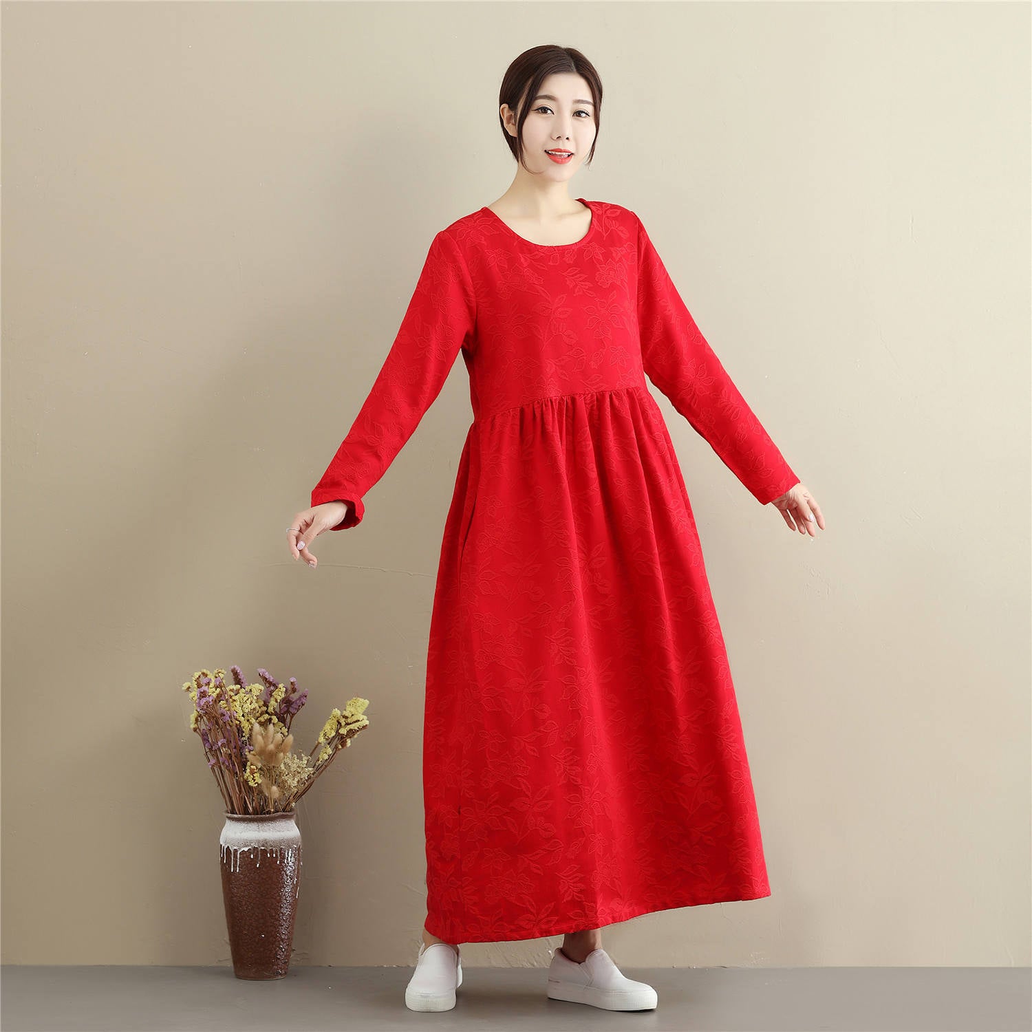 Women Asian Style Jacquard Causal Ankle Length Linen and Cotton Dress Red Women Asian Style Jacquard Causal Ankle Length Linen and Cotton Dress Red