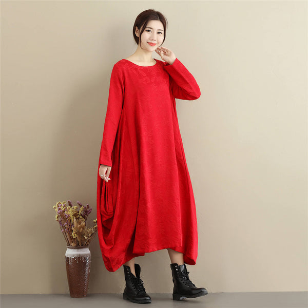 Women Lantern Skirt Style Jacquard Causal Linen and Cotton Tea Length Dress