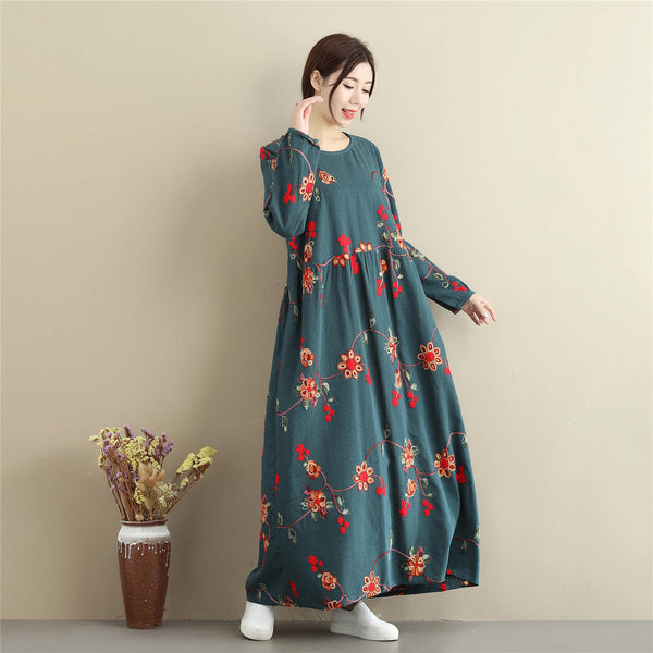 Women cotton and linen dress – Retro Loose Causal Ankle Lenght Dress