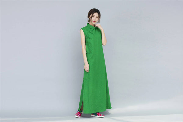 Women Chinese Style Retro Pure Color Sleeveless Ankle Length Dress