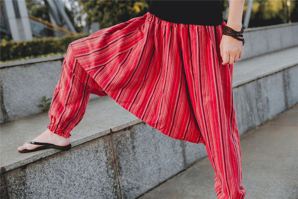 Women Loose Stripe Patterned Cotton and Linen Hanging Crotch Pants