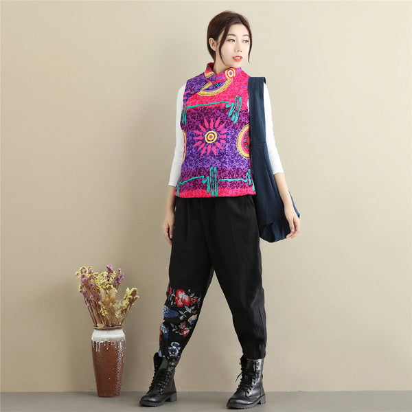 Women Retro Asian Style Quilted Printed Cotton Vest