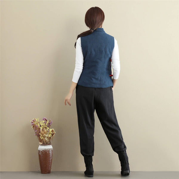 Women Retro Asian Style Quilted Linen and Cotton Vest