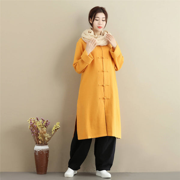 Women Chinese Style Retro Pure Color Long Sleeve Tea Length Dress Type Tunic