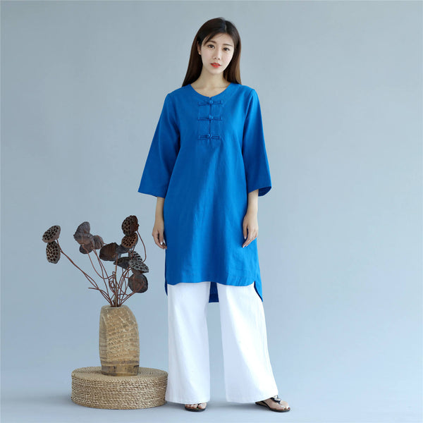 Women Retro Pure Color Three-Quarter Sleeve Above Knee Dress Type Tunic