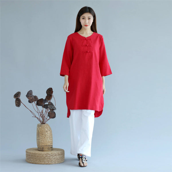 Women Retro Pure Color Three-Quarter Sleeve Above Knee Dress Type Tunic