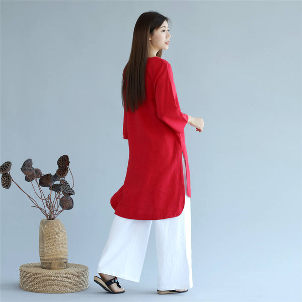 Women Retro Pure Color Three-Quarter Sleeve Above Knee Dress Type Tunic