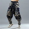 Men Loose Chinese Dragon Printed Cotton and Linen Casual Hanging Crotch Pants