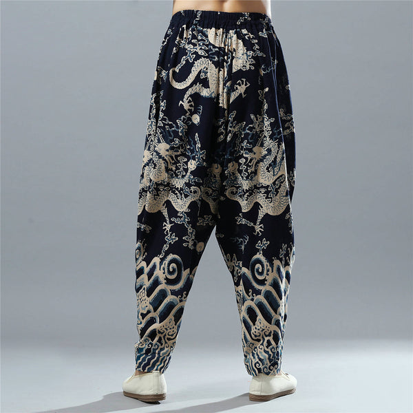 Men Loose Chinese Dragon Printed Cotton and Linen Casual Hanging Crotch Pants